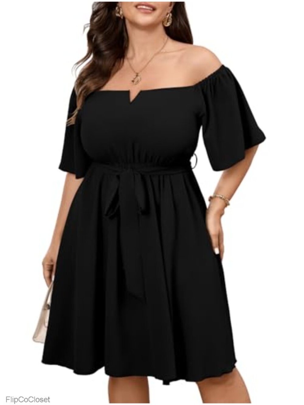Plus Size Off Shoulder Ruffle Mini Dress with Belt - Cocktail & Wedding Guest